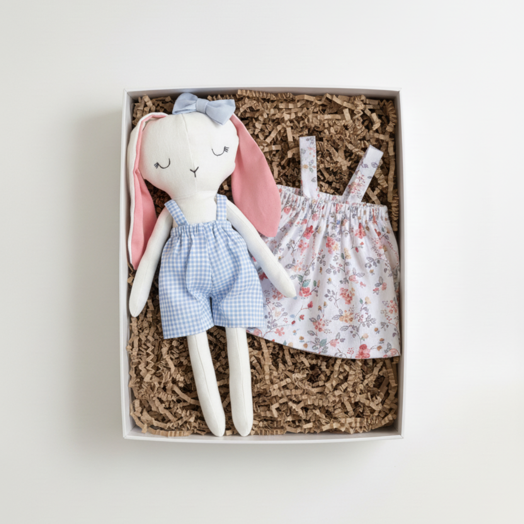 Handmade bunny doll with removable dresses. Soft fabric toy, safe for kids, perfect toddler gift & keepsake for birthdays. Gift ideas for children. cloth doll for children.