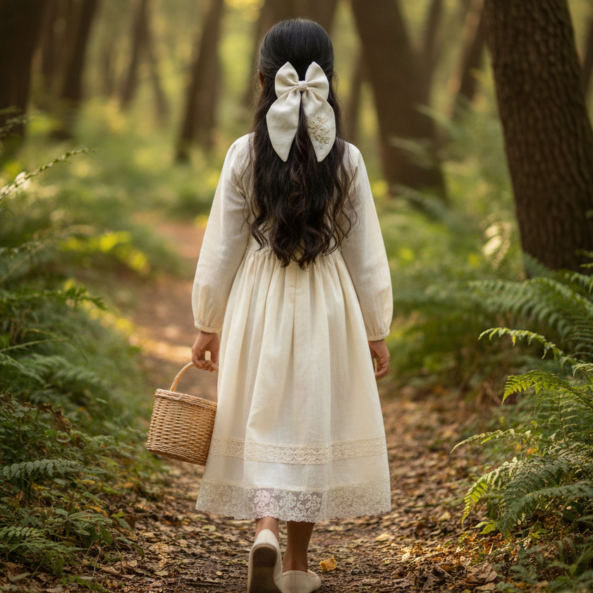 ivory hair bow for baby girl, white embroidered bow clip, handmade linen bow, elegant long tail bow, christening hair accessory, wedding hair clip for girls, floral embroidered bow, handmade baby bow, special occasion hair accessory, boutique baby hair bows