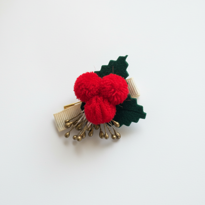 Christmas hair clip for kids, festive hair accessories, berry hair clip, holiday hair bow, Christmas accessories for girls, handmade kids hair clip, toddler Christmas clip, red pom pom hair accessory, Christmas outfit accessories, baby Christmas clip, festive hair bow India, handmade holiday accessories.