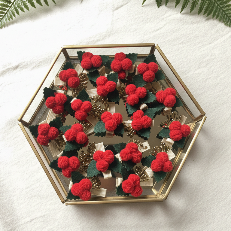 Christmas hair clip for kids, festive hair accessories, berry hair clip, holiday hair bow, Christmas accessories for girls, handmade kids hair clip, toddler Christmas clip, red pom pom hair accessory, Christmas outfit accessories, baby Christmas clip, festive hair bow India, handmade holiday accessories.