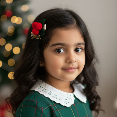 Christmas hair clip for kids, festive hair accessories, berry hair clip, holiday hair bow, Christmas accessories for girls, handmade kids hair clip, toddler Christmas clip, red pom pom hair accessory, Christmas outfit accessories, baby Christmas clip, festive hair bow India, handmade holiday accessories.