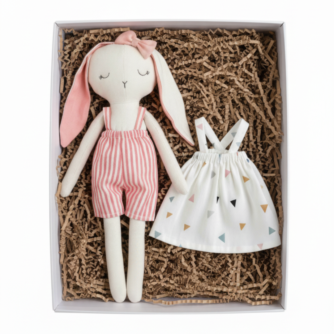 Handmade bunny doll with removable dresses. Soft fabric toy, safe for kids, perfect toddler gift & keepsake for birthdays. Gift ideas for children. cloth doll for children.