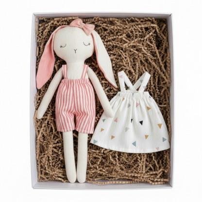 Handmade bunny doll with removable dresses. Soft fabric toy, safe for kids, perfect toddler gift & keepsake for birthdays. Gift ideas for children. cloth doll for children.