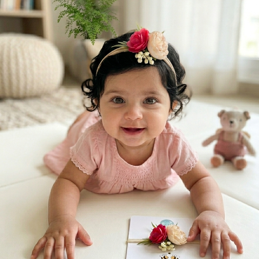 Beige and pink floral baby girl headband with soft nylon band