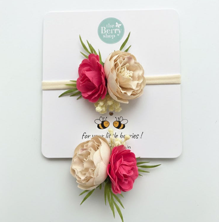 Beige and pink floral baby girl headband with soft nylon band