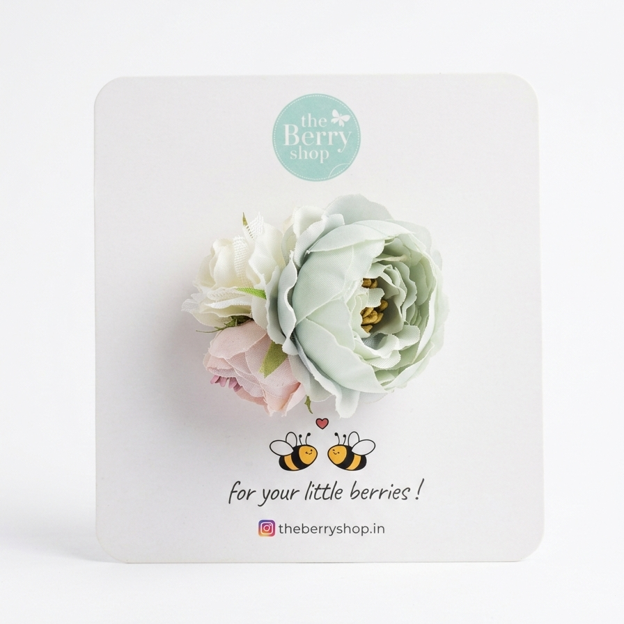 mint green floral baby headband with blush pink and ivory flowers on soft nylon band baby hair accessory
