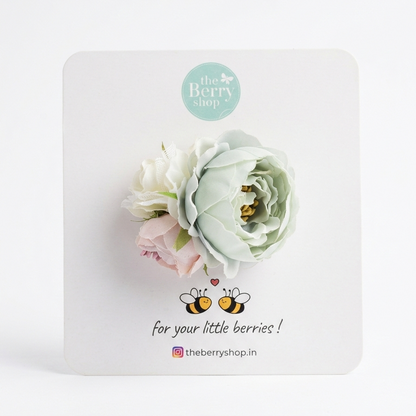 mint green floral baby headband with blush pink and ivory flowers on soft nylon band baby hair accessory
