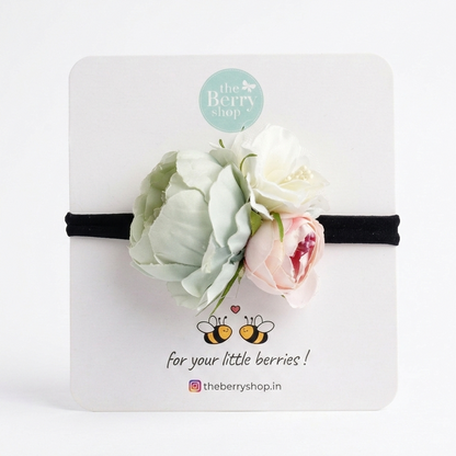 mint green floral baby headband with blush pink and ivory flowers on soft nylon band baby hair accessory
