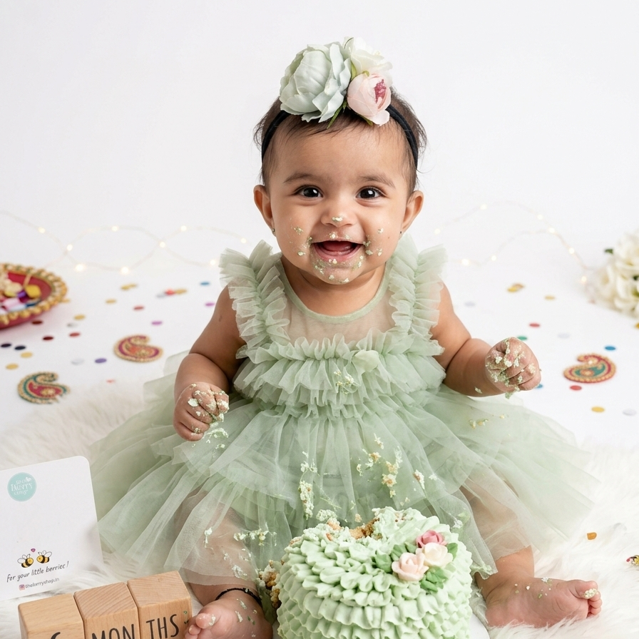 Baby in a green dress with a floral headband sitting next to a small cake, with '6 Months Milestone' blocks in the background.