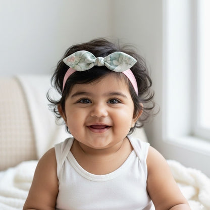 Soft pink baby headband with pastel floral knot bow and elastic back for toddlers.
