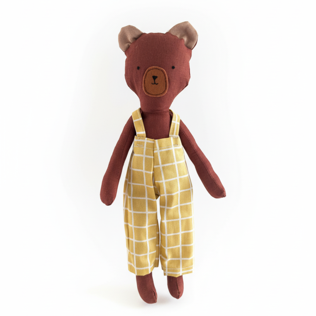 Adorable 13-inch brown bear for kids 1 year & above, dressed in chrome yellow checkered pants. Gender-neutral, soft, durable, and perfect for playtime or travel.  Soft fabric toy, safe for kids, perfect toddler gift & keepsake for birthdays. Gift ideas for children. cloth doll for children.