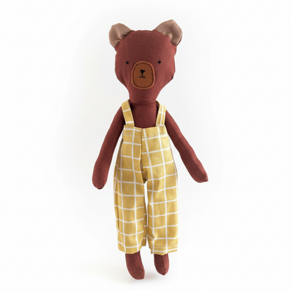 Adorable 13-inch brown bear for kids 1 year & above, dressed in chrome yellow checkered pants. Gender-neutral, soft, durable, and perfect for playtime or travel.  Soft fabric toy, safe for kids, perfect toddler gift & keepsake for birthdays. Gift ideas for children. cloth doll for children.