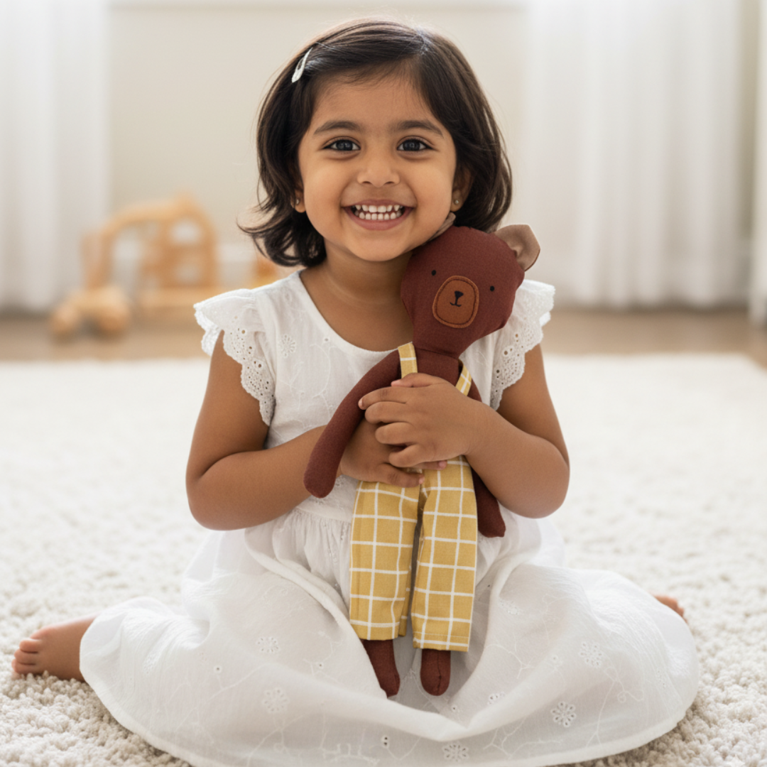 Adorable 13-inch brown bear for kids 1 year & above, dressed in chrome yellow checkered pants. Gender-neutral, soft, durable, and perfect for playtime or travel.  Soft fabric toy, safe for kids, perfect toddler gift & keepsake for birthdays. Gift ideas for children. cloth doll for children.