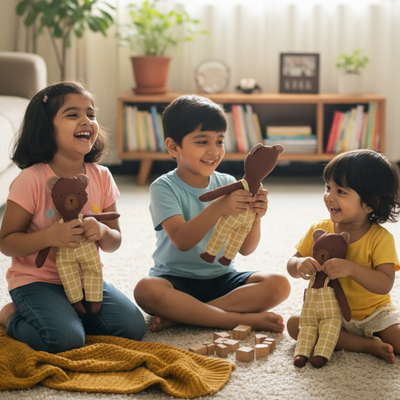 Adorable 13-inch brown bear for kids 1 year & above, dressed in chrome yellow checkered pants. Gender-neutral, soft, durable, and perfect for playtime or travel.  Soft fabric toy, safe for kids, perfect toddler gift & keepsake for birthdays. Gift ideas for children. cloth doll for children.