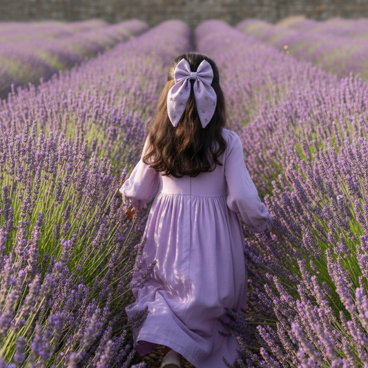 avender hair bow for girls, embroidered linen bow, handmade long tail bow clip, pastel purple hair accessory, baby girl hair clip, elegant handmade bow, toddler hair bow, floral embroidered bow, boutique hair accessories, lavender bow for kids