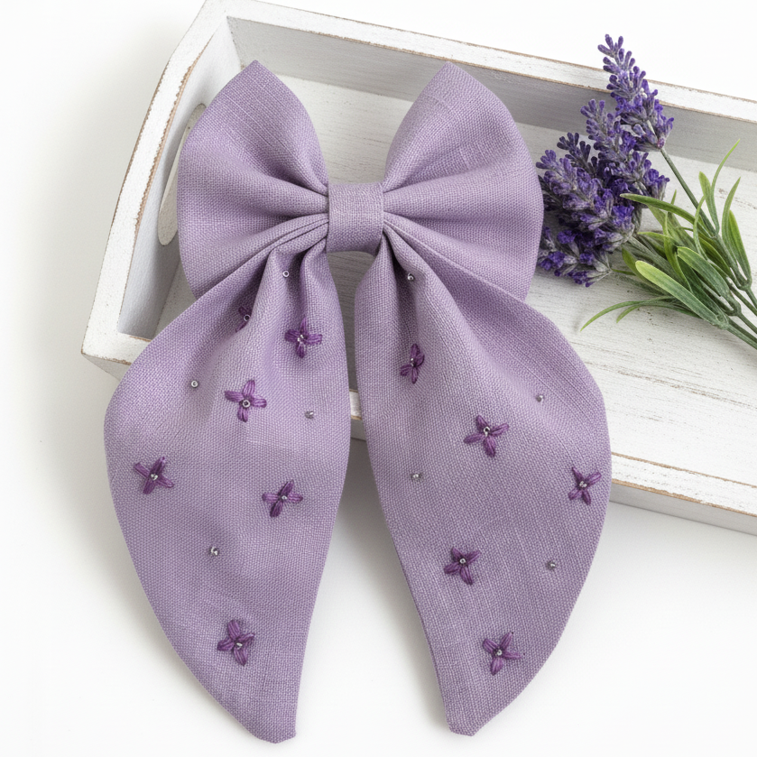 avender hair bow for girls, embroidered linen bow, handmade long tail bow clip, pastel purple hair accessory, baby girl hair clip, elegant handmade bow, toddler hair bow, floral embroidered bow, boutique hair accessories, lavender bow for kids