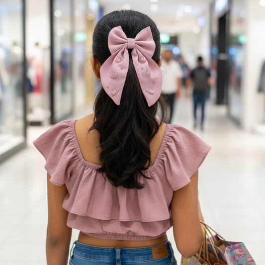 handmade mauve bow clip, embroidered hair bow for girls, long tail linen bow, baby girl hair accessories, pink bow for kids, elegant handmade bow, toddler hair clip, floral embroidered bow, special occasion bow for girls, baby boutique accessories