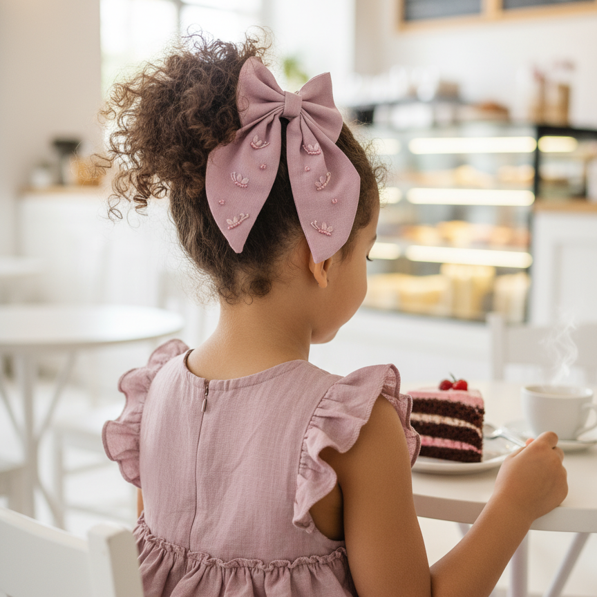 handmade mauve bow clip, embroidered hair bow for girls, long tail linen bow, baby girl hair accessories, pink bow for kids, elegant handmade bow, toddler hair clip, floral embroidered bow, special occasion bow for girls, baby boutique accessories