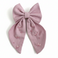 handmade mauve bow clip, embroidered hair bow for girls, long tail linen bow, baby girl hair accessories, pink bow for kids, elegant handmade bow, toddler hair clip, floral embroidered bow, special occasion bow for girls, baby boutique accessories