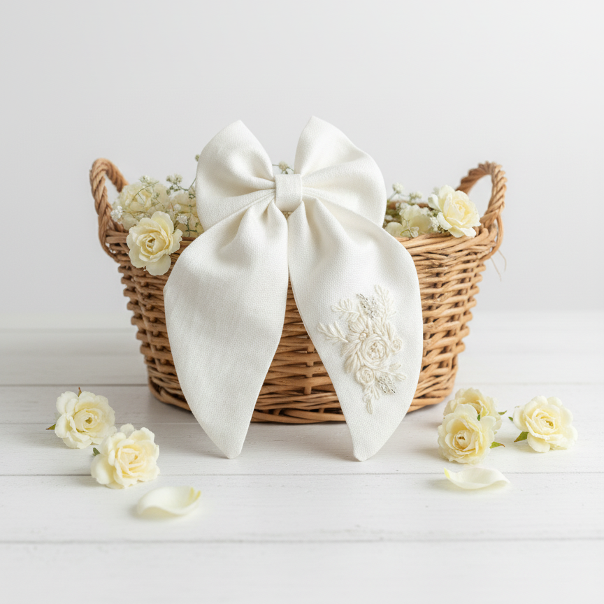 ivory hair bow for baby girl, white embroidered bow clip, handmade linen bow, elegant long tail bow, christening hair accessory, wedding hair clip for girls, floral embroidered bow, handmade baby bow, special occasion hair accessory, boutique baby hair bows