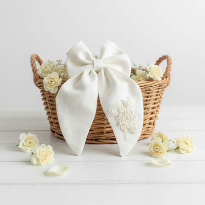 ivory hair bow for baby girl, white embroidered bow clip, handmade linen bow, elegant long tail bow, christening hair accessory, wedding hair clip for girls, floral embroidered bow, handmade baby bow, special occasion hair accessory, boutique baby hair bows