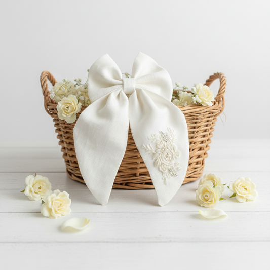 ivory hair bow for baby girl, white embroidered bow clip, handmade linen bow, elegant long tail bow, christening hair accessory, wedding hair clip for girls, floral embroidered bow, handmade baby bow, special occasion hair accessory, boutique baby hair bows