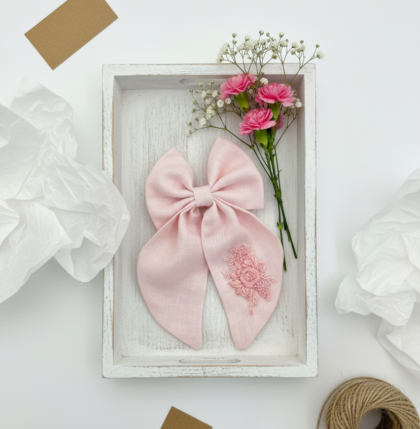 blush pink hair bow for girls, embroidered linen bow, handmade long tail bow clip, pastel pink hair accessory, baby girl hair clip, floral embroidered bow, boutique hair accessory, handmade baby bow, pink linen bow for toddlers