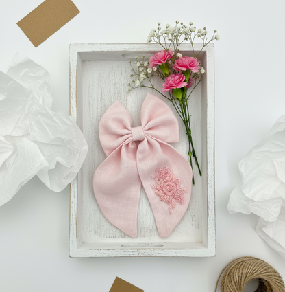 blush pink hair bow for girls, embroidered linen bow, handmade long tail bow clip, pastel pink hair accessory, baby girl hair clip, floral embroidered bow, boutique hair accessory, handmade baby bow, pink linen bow for toddlers