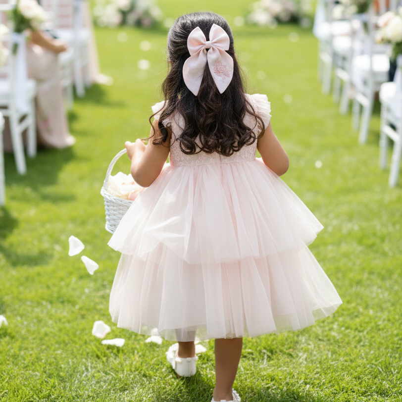 blush pink hair bow for girls, embroidered linen bow, handmade long tail bow clip, pastel pink hair accessory, baby girl hair clip, floral embroidered bow, boutique hair accessory, handmade baby bow, pink linen bow for toddlers