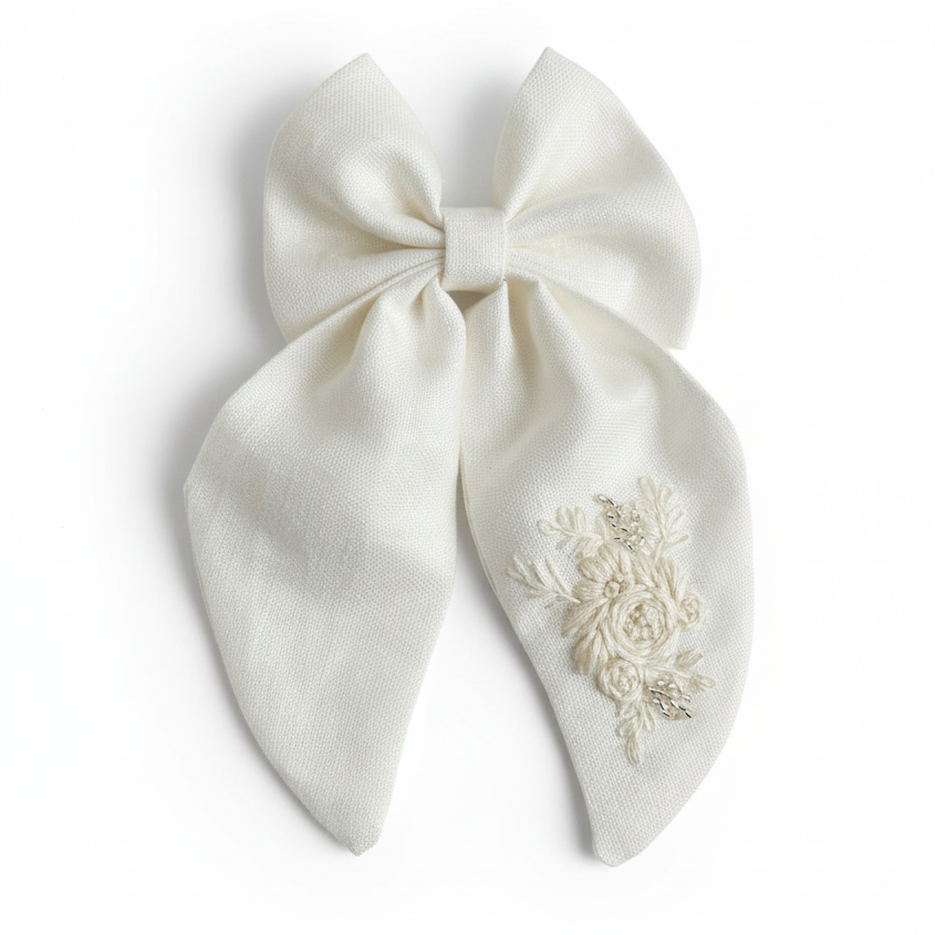 ivory hair bow for baby girl, white embroidered bow clip, handmade linen bow, elegant long tail bow, christening hair accessory, wedding hair clip for girls, floral embroidered bow, handmade baby bow, special occasion hair accessory, boutique baby hair bows
