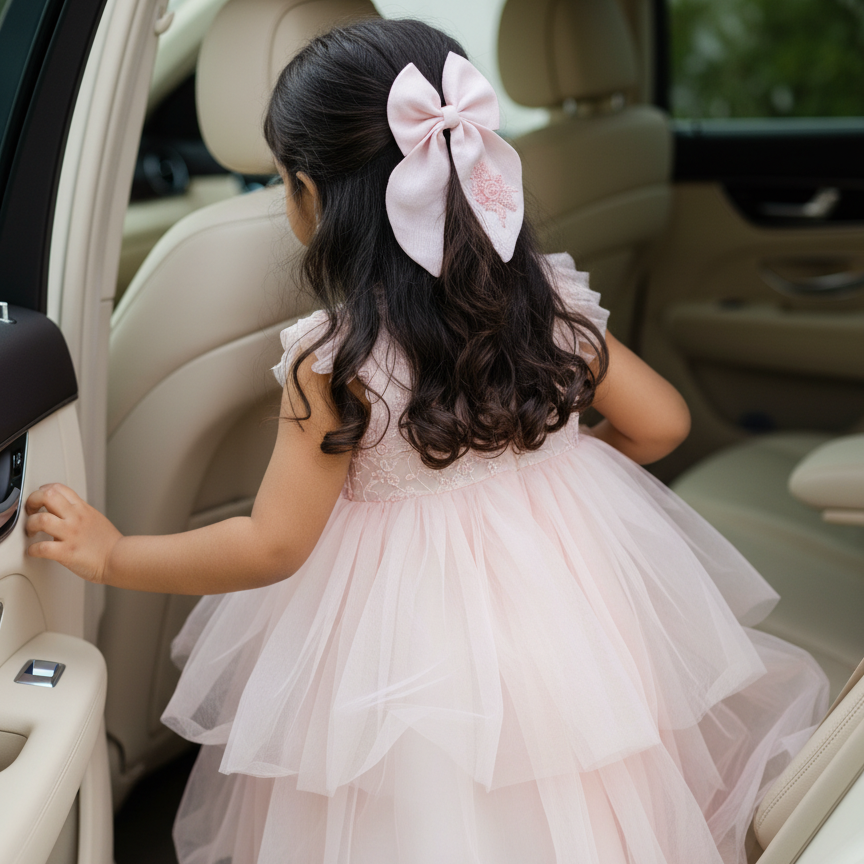 blush pink hair bow for girls, embroidered linen bow, handmade long tail bow clip, pastel pink hair accessory, baby girl hair clip, floral embroidered bow, boutique hair accessory, handmade baby bow, pink linen bow for toddlers