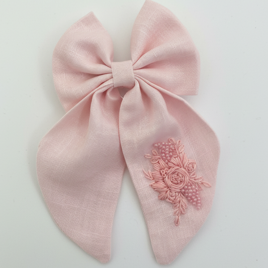 blush pink hair bow for girls, embroidered linen bow, handmade long tail bow clip, pastel pink hair accessory, baby girl hair clip, floral embroidered bow, boutique hair accessory, handmade baby bow, pink linen bow for toddlers