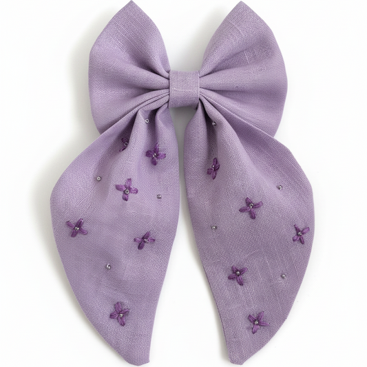 avender hair bow for girls, embroidered linen bow, handmade long tail bow clip, pastel purple hair accessory, baby girl hair clip, elegant handmade bow, toddler hair bow, floral embroidered bow, boutique hair accessories, lavender bow for kids
