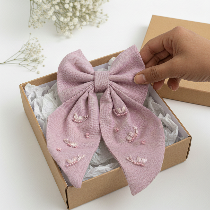 handmade mauve bow clip, embroidered hair bow for girls, long tail linen bow, baby girl hair accessories, pink bow for kids, elegant handmade bow, toddler hair clip, floral embroidered bow, special occasion bow for girls, baby boutique accessories
