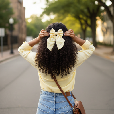 yellow daisy hair bow, embroidered hair clip for girls, handmade long tail bow, floral baby hair accessory, pastel yellow hair bow, cute summer bow for kids, embroidered daisy bow clip, boutique baby bow
