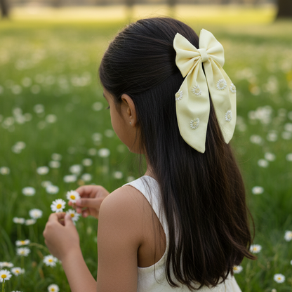 yellow daisy hair bow, embroidered hair clip for girls, handmade long tail bow, floral baby hair accessory, pastel yellow hair bow, cute summer bow for kids, embroidered daisy bow clip, boutique baby bow