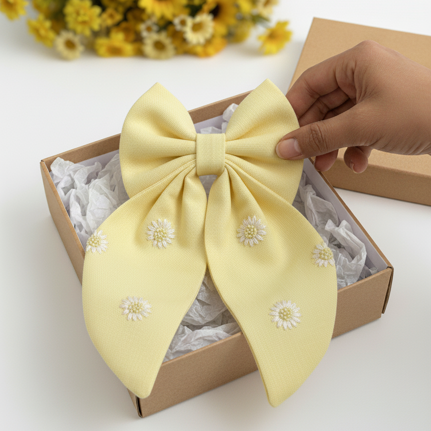 yellow daisy hair bow, embroidered hair clip for girls, handmade long tail bow, floral baby hair accessory, pastel yellow hair bow, cute summer bow for kids, embroidered daisy bow clip, boutique baby bow